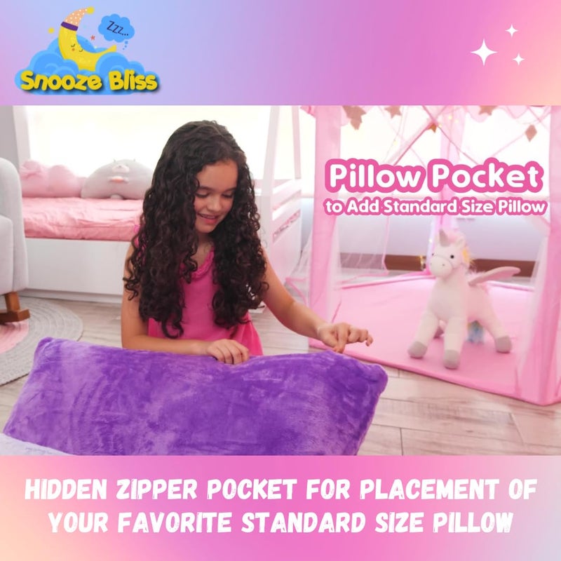 Snooze Bliss حقيبة نوم يونيكورن للأطفال - أكياس نوم للأطفال تتوهج في الظلام تمثل هدايا يونيكورن ممتعة للفتيات. مثالية لحفلات النوم والتخييم من القطيفة لمرحلة ما قبل المدرسة مع جيب وسادة متوهج لمدة 8+ ساعات - Image 3